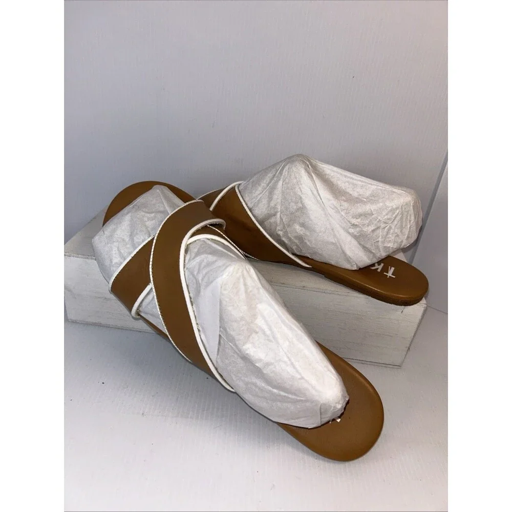 Women's Tkees Sloan Criss Cross Cognac Brown Leather slip on slide sandal sz 10